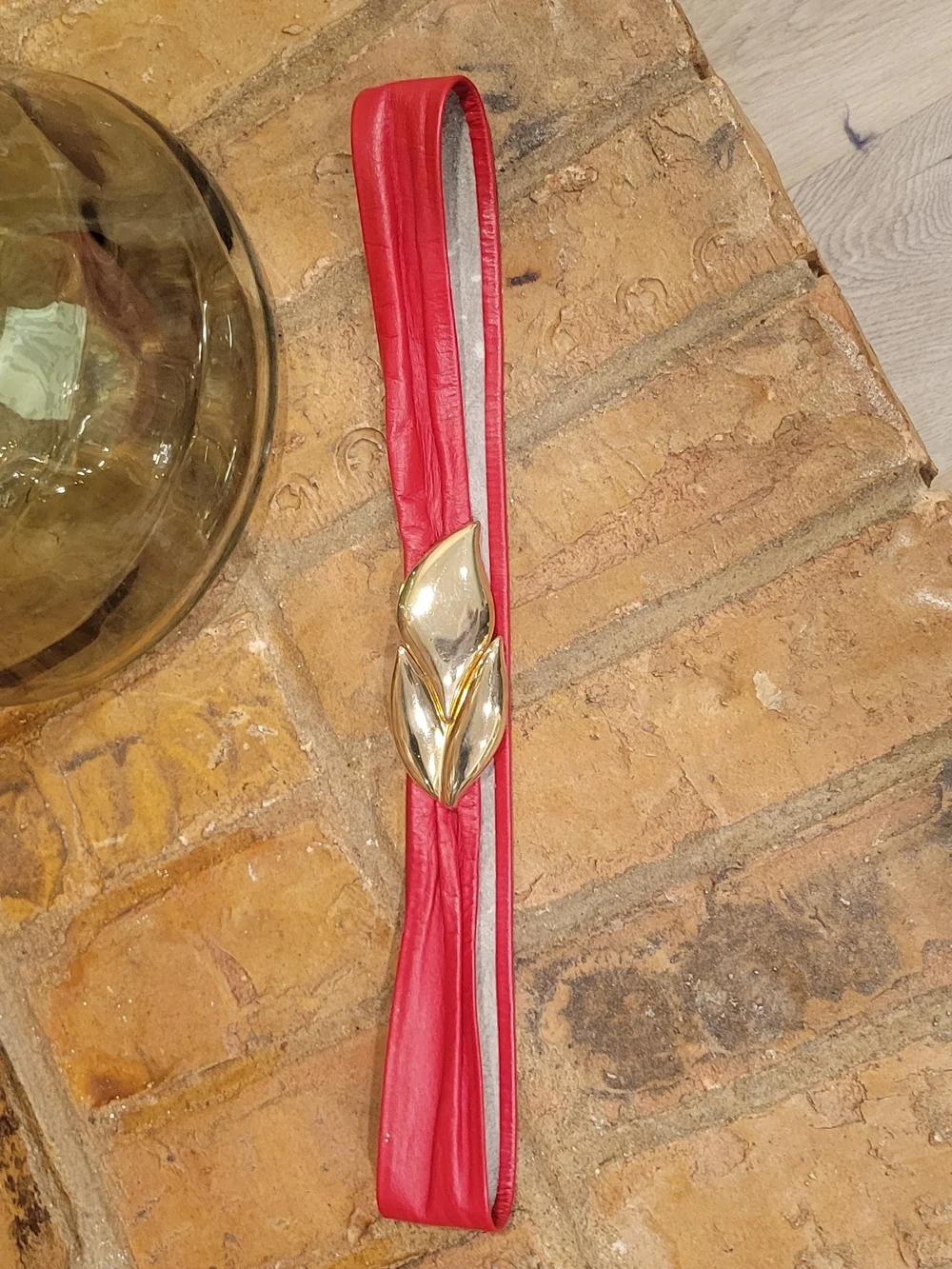 Vintage 80's Red Leather Waist Belt with Gold Leaf Accent